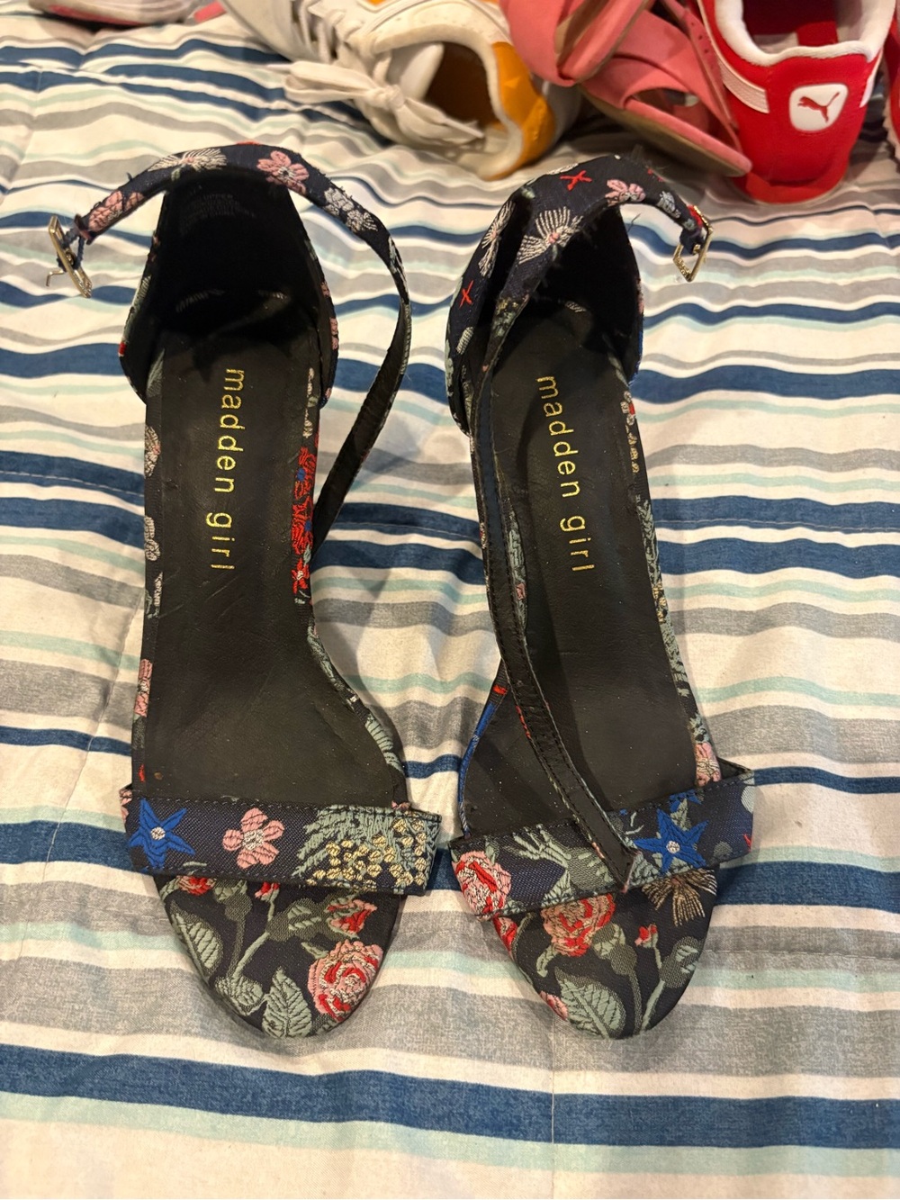 Ella Navy Floral Ankle-Strap Heels